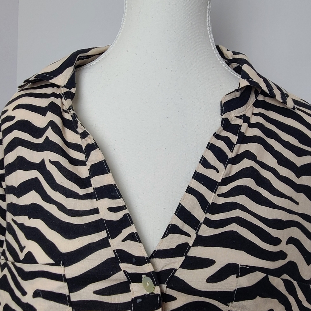 by One Zebra Print Linen Blend Blouse 1X V Neck Long Sleeve Animal Print - Picture 3 of 10